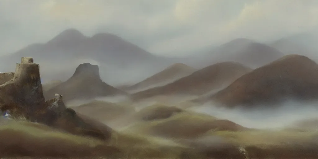 Prompt: painting of rocky highlands covered in mist with a ruined castle in the far distance, overcast sky, muted colors