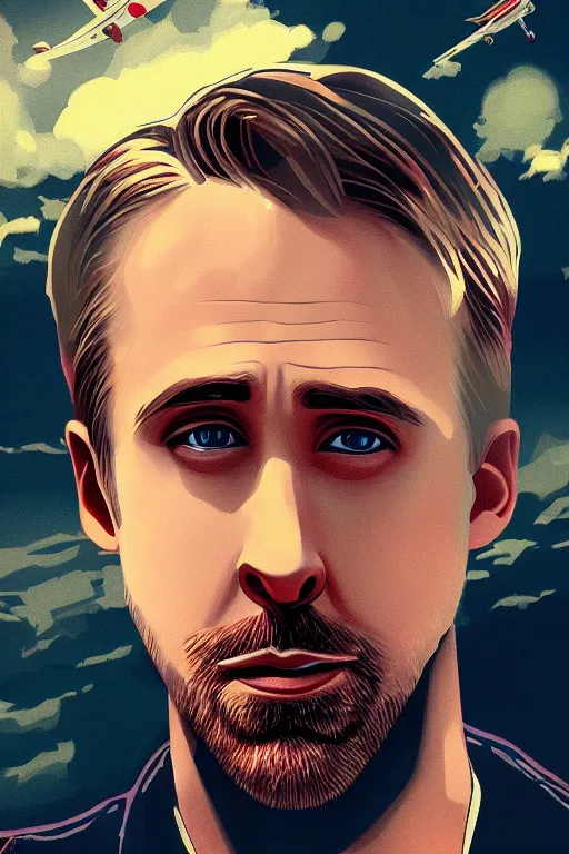 Prompt: Ryan Gosling looking a huge fire at window in airplane, ilya kuvshinov landscape, very detailed, ArtStation