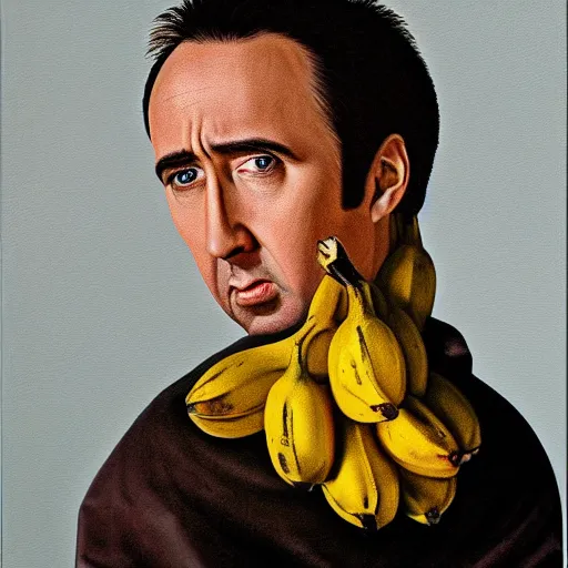 Image similar to highly detailed oil painting of nicolas cage in a banana, 4 k, in the style of caravaggio and dali