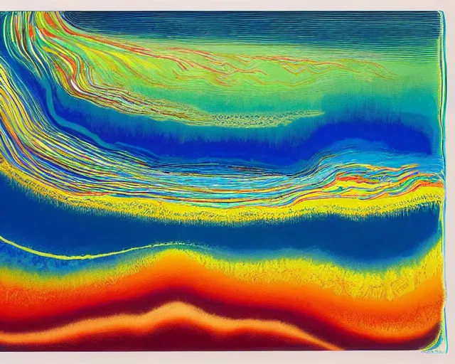 Image similar to Ocean waves in a psychedelic dream world. DMT. Curving rivers. Craggy mountains. Landscape painting by Wayne Thiebaud. Zao Wou-ki. Minimalist.