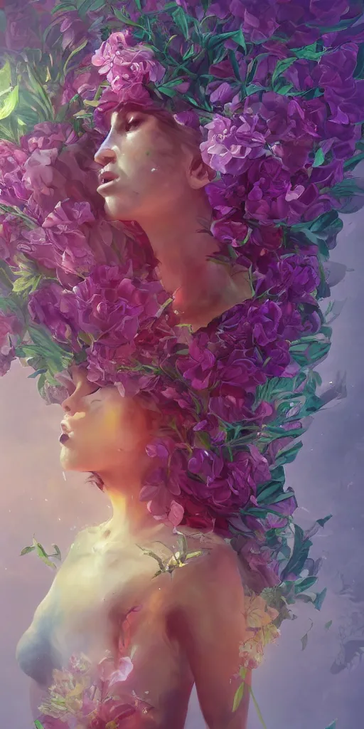 Image similar to girl's body inside giant exotic flower, trending on Gsociety, trending on ArtstationHQ, trending on deviantart, ultra detailed painting at 16K resolution and epic visuals, epically surreally beautiful image, amazing effect