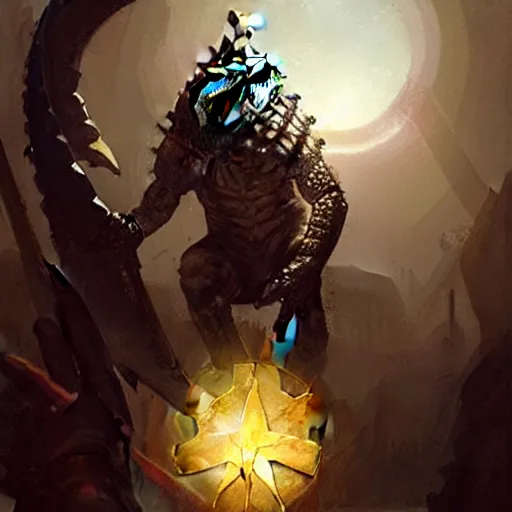 Image similar to a crocodile warrior holds a morning star and a shield, by greg rutkowski, magic the gathering,