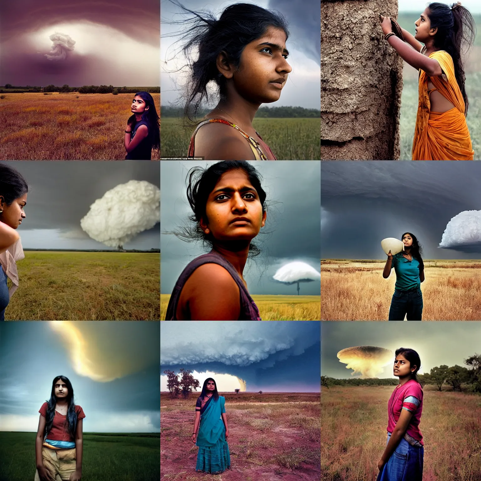 Prompt: A young Indian woman stormchaser, looking up at a supercell, candid portrait photography by Annie Leibovitz