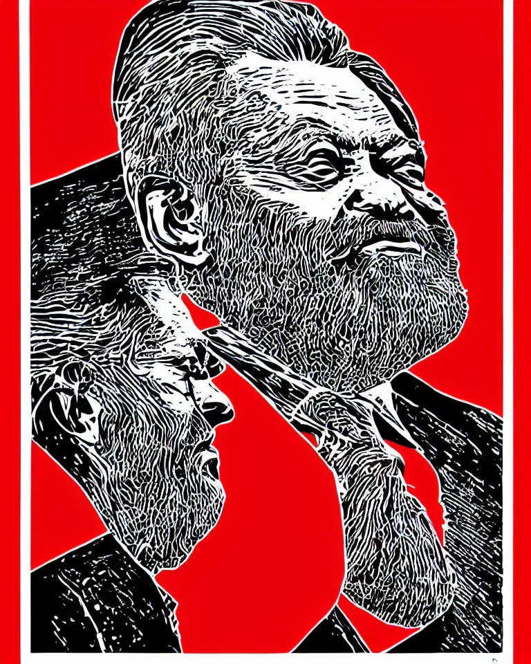 Prompt: a lifelike linocut engraving of a singular president lula. red, black and white color scheme