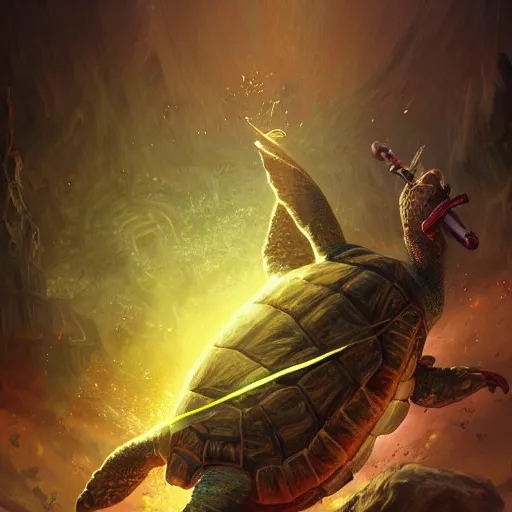 Prompt: Anthropomorphized Turtle casting epic spell, magic the gathering artwork, D&D, fantasy, cinematic lighting, centered, symmetrical, highly detailed, digital painting, artstation, concept art, smooth, sharp focus, illustration, volumetric lighting, epic Composition, 8k, art by Akihiko Yoshida and Greg Rutkowski and Craig Mullins, heroic pose, oil painting, cgsociety, magic lab background