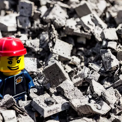 Prompt: A burned Lego figure in rubble,