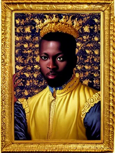 Image similar to rococo painting of a black prince wearing a golden crown with pastel flowers, symmetrical, realistic, 8 k, digital painting, art by kehinde wiley, artem demura