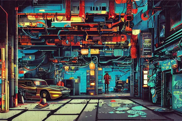 Prompt: auto repair shop in a neo - tokyo alleyway in cyberpunk style by vincent di fate