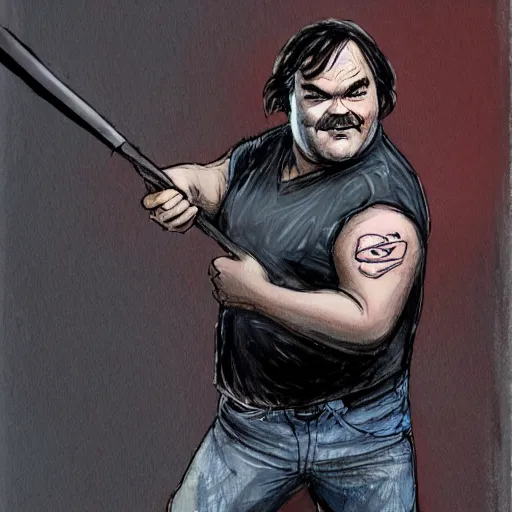 Image similar to jack black in the apocalypse picking up a baseball bat, concept art