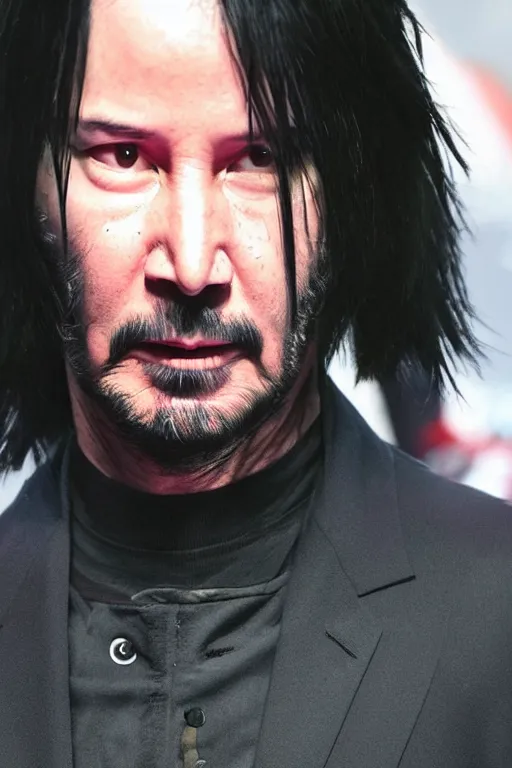 Image similar to Keanu Reeves as Itachi Uchiha for an upcoming live action remake of Naruto, detailed face, good lighting, promo shoot, studio lighting