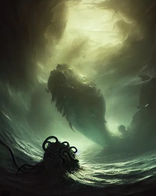 Image similar to A matted painting of a sea monster with many tentacles, on an underwater environment with expansive views of space, dark and moody, inspired by greg rutkowski and Keith Mallett, digital art, extremely moody lighting, glowing light and shadow, atmospheric, shadowy, cinematic