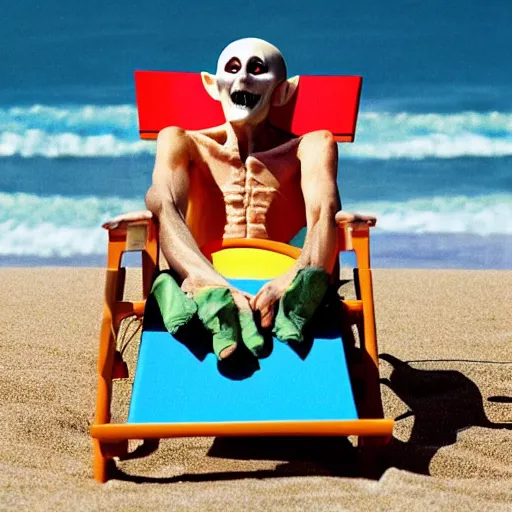 Prompt: nosferatu sunbathing on a beach chair, big smile on his face colorful photograph, beautiful sunny day