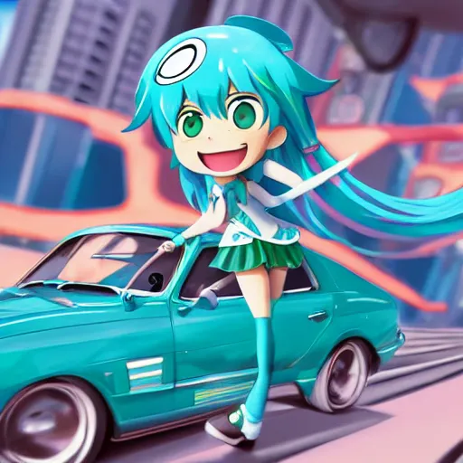 Image similar to hatsume miku as a pixar cars character, digital art, detailed