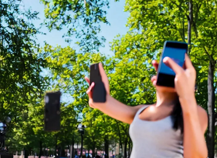 Image similar to photo still of a bronze statue of a woman using an iphone to take a selfie in a park on a bright sunny day, 8 k 8 5 mm f 1 6