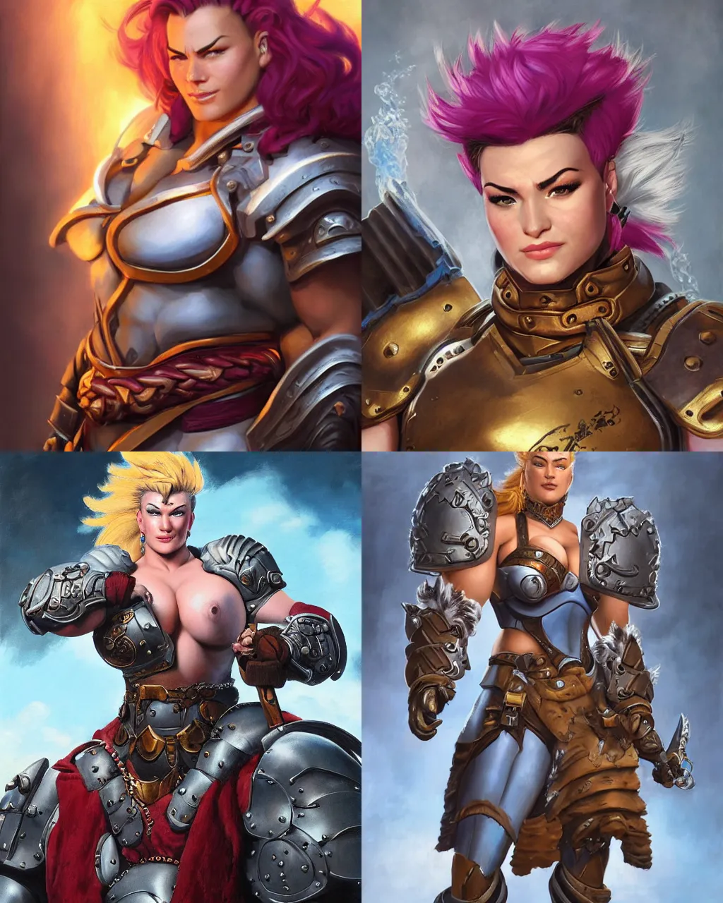 Prompt: classic portrait of zarya from overwatch as a powerful fantasy warrior wearing iron breastplate, hyper detailed, realistic, soft lighting, by jeff easley, frank frazetta, smooth hair, detailed textures