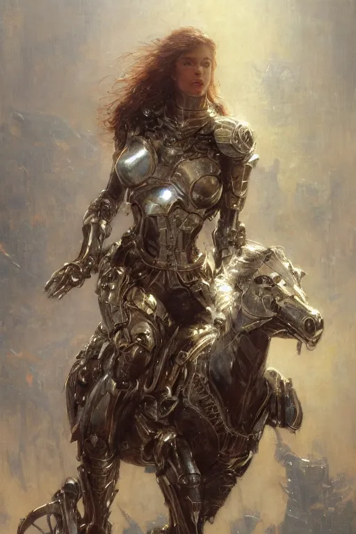 Prompt: portrait full body girl metal armor and metal horse poses beautifull face no blur painting by gaston bussiere, greg rutkowski, yoji shinkawa, yoshitaka amano, tsutomu nihei, donato giancola, tim hildebrandt, oil on canvas, trending on artstation, featured on pixiv, cinematic composition, 8 k