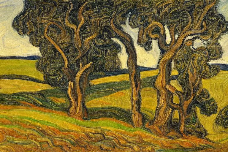 Image similar to masterpiece painting of oak trees on a hillside overlooking a creek, dramatic lighting, by j. e. h. macdonald