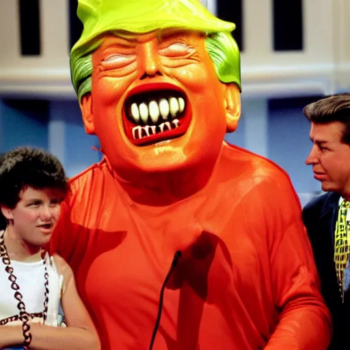 Prompt: donald trump getting slimed! on nickelodeons double dare