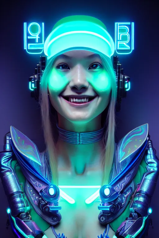 Image similar to portrait of a cute smiling bioluminescent creature, cyberpunk, dark retrowave, highly detailed, asymmetrical artwork, cinematic, hyperrealism, art stanley lau and artgerm and magali villeneuve and alphonse mucha, artstation, octane render, unreal engine, 8 k, aperture f 1. 2