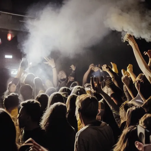 Image similar to yellow smoke surrounding a bunch of young people in a night club, surreal, dreamy