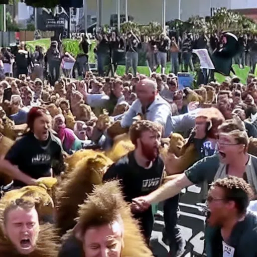 Image similar to News footage of New Zealand freedom protesters being chased by a pride of angry lions.