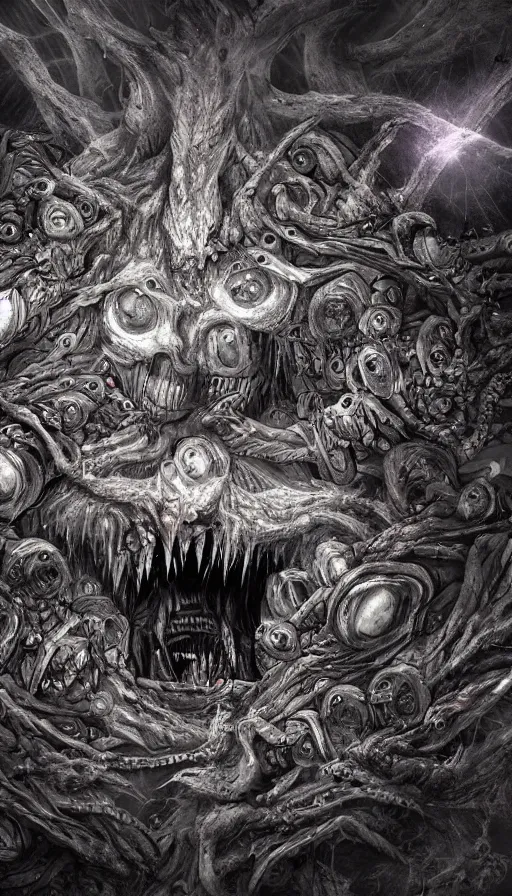 Image similar to a storm vortex made of many demonic eyes and teeth, with cryengine