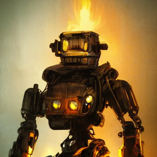 Image similar to toaster mecha head, dark messy smoke - filled cluttered workshop, dark, dramatic lighting, orange tint, sparks, cinematic, highly detailed, sci - fi, futuristic, movie still