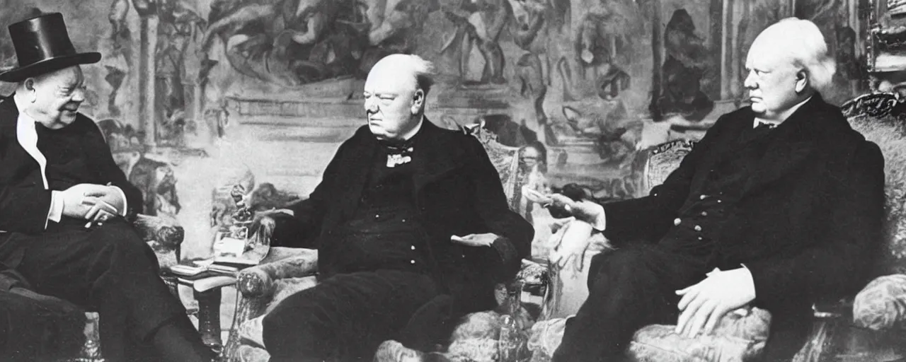 Prompt: vintage photo of Winston Churchill talking to Napoleon Bonaparte