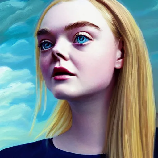 Prompt: professional painting of Elle Fanning in the style of a Purity Ring album, head and shoulders portrait, symmetrical facial features, smooth, sharp focus, illustration, intricate, stormy weather, extremely detailed masterpiece,