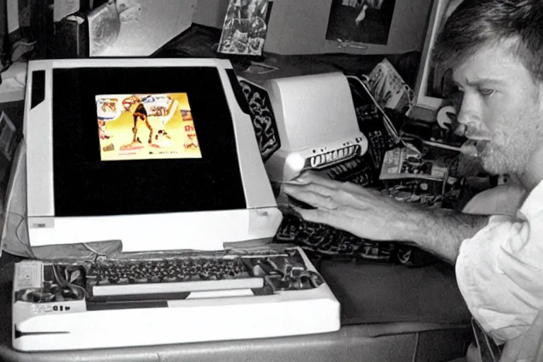 Prompt: a Photo made with a disposable camera of Jezus Christ playing a DOS game on his Personal Computer, in the year 1989