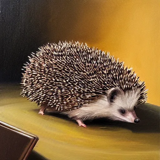 Image similar to hedgehog melting in the heat with a fan pointing at the hedgehog, oil on canvas, detailed, art