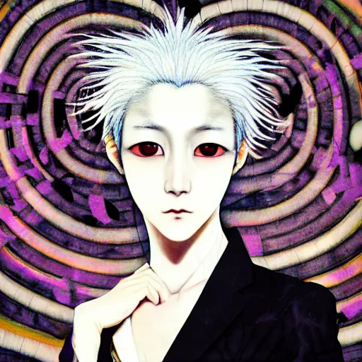 Image similar to yoshitaka amano blurred and dreamy realistic three quarter angle portrait of a young woman with white hair and black eyes wearing dress suit with tie, junji ito abstract patterns in the background, satoshi kon anime, noisy film grain effect, highly detailed, renaissance oil painting, weird portrait angle, blurred lost edges