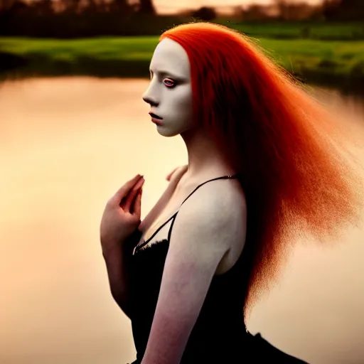 Prompt: photographic portrait of a stunningly beautiful emo english renaissance female in soft dreamy light at sunset, beside the river, soft focus, contemporary fashion shoot, hasselblad nikon, in a denis villeneuve and tim burton movie, by edward robert hughes, annie leibovitz and steve mccurry, david lazar, jimmy nelsson, extremely detailed, breathtaking, hyperrealistic, perfect face