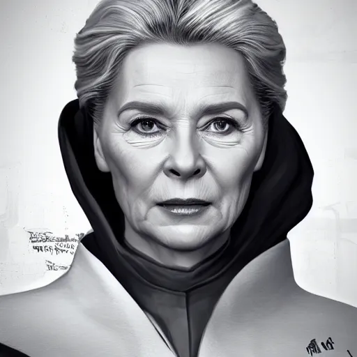 Image similar to Ursula von der Leyen as a sith lord, post-apocalyptic, EU, European Union, Brussels, wlop, artstation