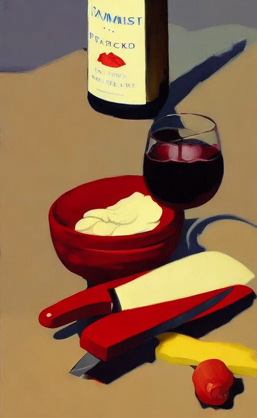 Prompt: beautiful still life featuring A knife tillamook cheese, and red wine, very coherent, painted by Edward Hopper, painted by James Gilleard, airbrush, art by JamesJean