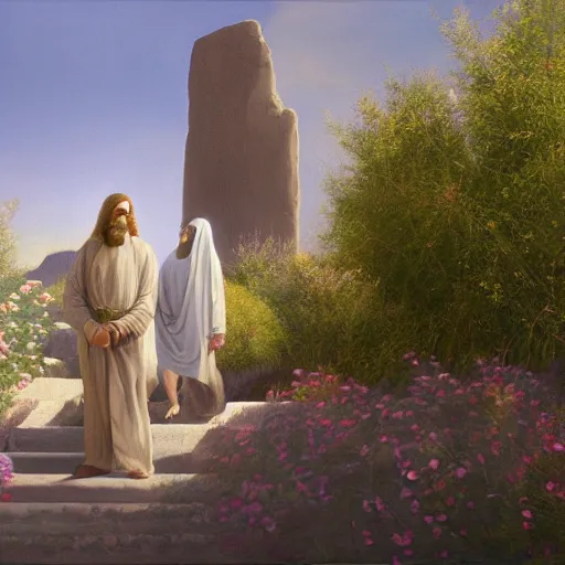 Prompt: A painting depicting the resurrection of Jesus Christ, (Jean Jules Linden), Peter Ilsted, (flowers), monolith, (((Unreal Engine))), Religious painting, pedestrians, Wayne Barlow