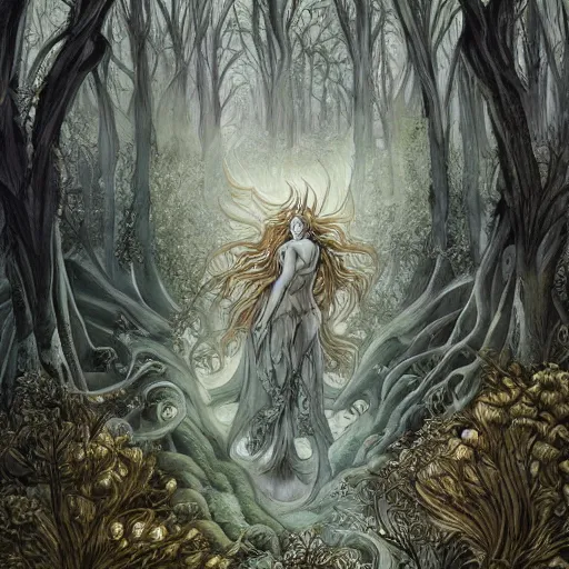 Prompt: rebecca guay ’ s painting of ephemeral colossal forest spirits in an enchanted dreamlike otherworldly biome, in the style of demon slayer mugen train, mystical, wicca, fantasy, hyper realism, intricate, digital art, detailed, studio shot, unreal engine 5, octane, high definition, smooth, artstation, behance