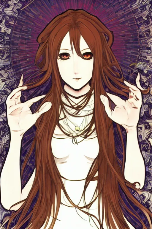 Prompt: Stylish Kurisu Makise tonemapped in the style of Ayami Kojima and Alphonse Mucha