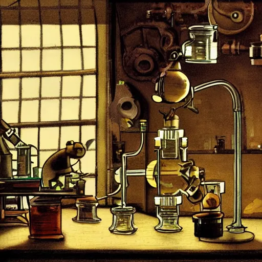 Prompt: a steampunk robot mouse performing a chemistry experiment at a lab bench, grimy, beakers are glowing, the lab is packed with equipment, renaissance painting, pastel colors
