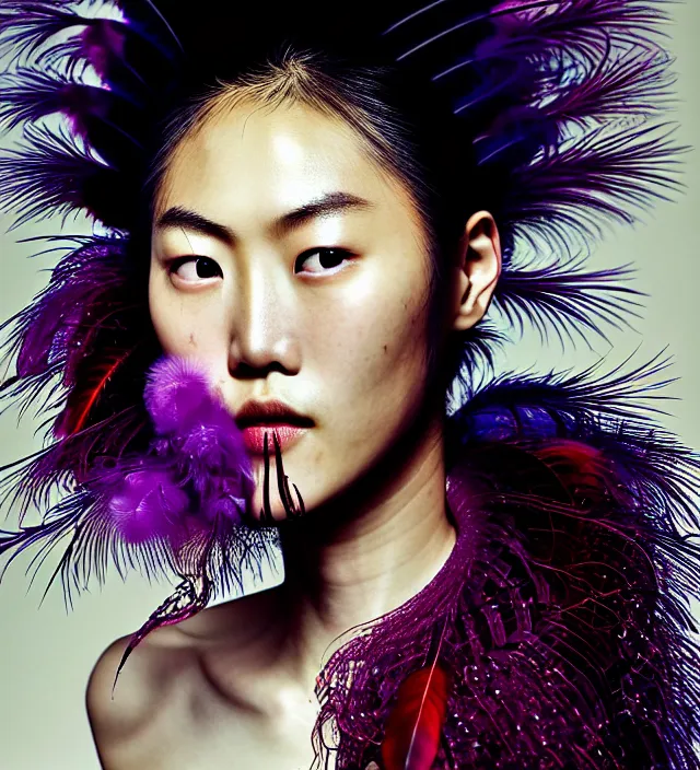 Image similar to photography american portrait of liu wen, natural background, sensual lighting, natural fragile pose, great _ hairstyle, wearing stunning dress with feathers by iris van herpen, with a colorfull makeup. highly detailed, skin grain detail, photography by paolo roversi, amano, nick knight, helmut newton, avedon, araki