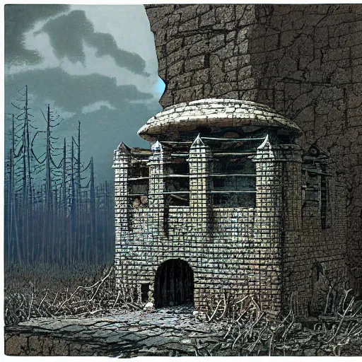 Prompt: pillbox paragonpunk fortress half-sunk in a radioactive Swamp, by Colleen Doran and by Angus McBride and by Ted Nasmith, low angle dimetric rendering, centered, 3-point perspective