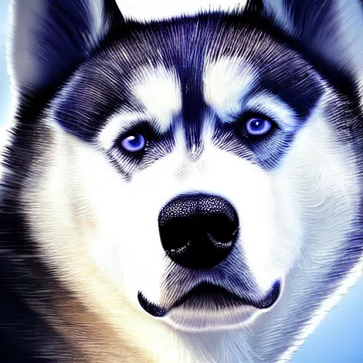 Image similar to a husky wearing a black jacket with blue eyes, art station