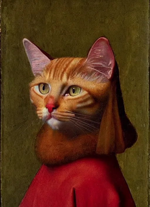 Image similar to red devil cat, Medieval painting by Jan van Eyck, Johannes Vermeer, Florence