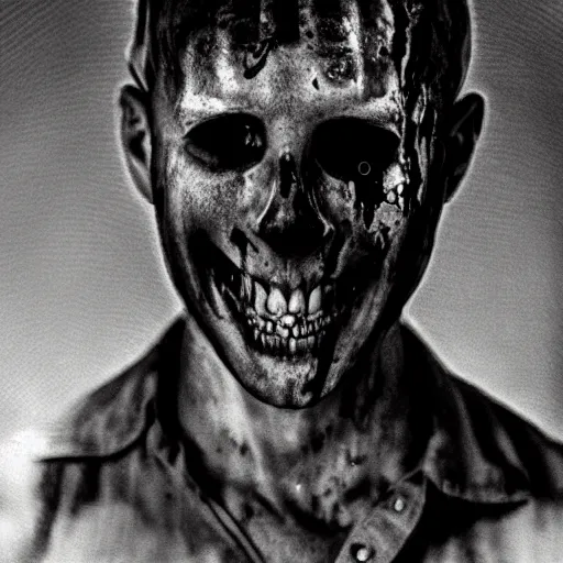 Prompt: uncanny disturbing black and white photo of a man with sharp teeth and half of his face missing revealing a bloody skull, missing poster, gory, bloody, scary, realistic!dream uncanny disturbing black and white photo of a man with sharp teeth and half of his face missing revealing a bloody skull, missing poster, realistic, terrifying,