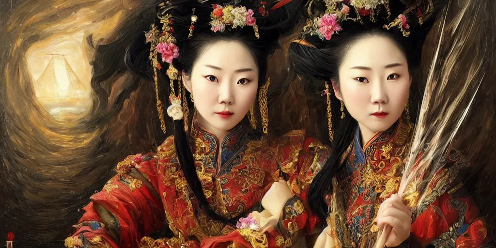 Image similar to Highly detailed and cinematic romantic period oil painting of the Chinese pirate queen Zheng Yi Sao, strong atmosphere, oil painting masterpiece by Josep Tapiró Baró, symmetry, fractals