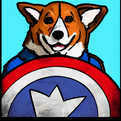 Image similar to corgi dressed as captain america, comic, professional art