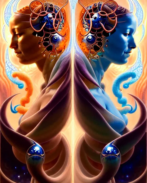 Image similar to a portrait of gemini water and fire fantasy character portrait made of fractals facing each other, ultra realistic, wide angle, intricate details, the fifth element artifacts, highly detailed by peter mohrbacher, hajime sorayama, wayne barlowe, boris vallejo, aaron horkey, gaston bussiere, craig mullins