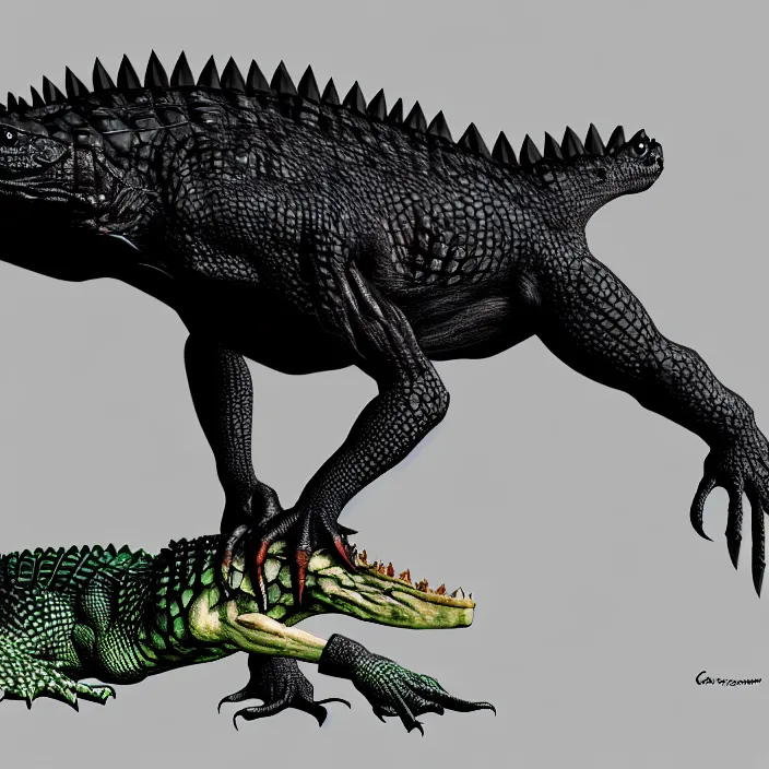 Prompt: Fusion between a crocodile and a crow, photomorph, realistic anatomy