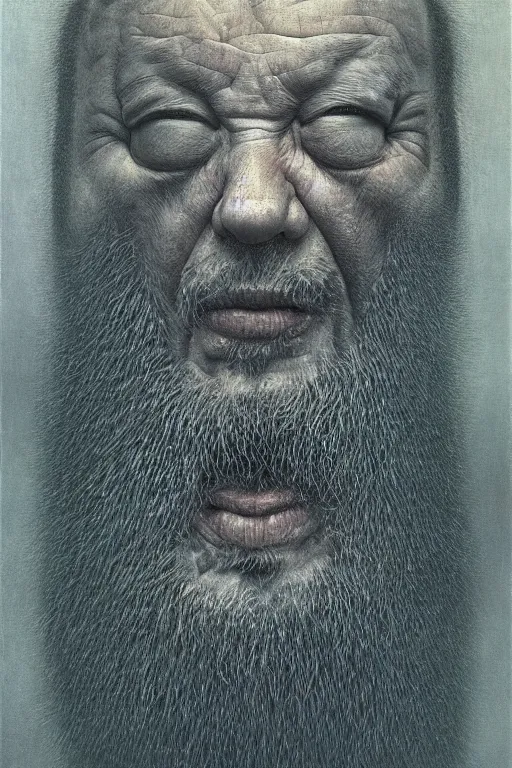 Image similar to ascii, hyperrealism oil painting, portrait scary ai weiwei style zdzislaw beksinski