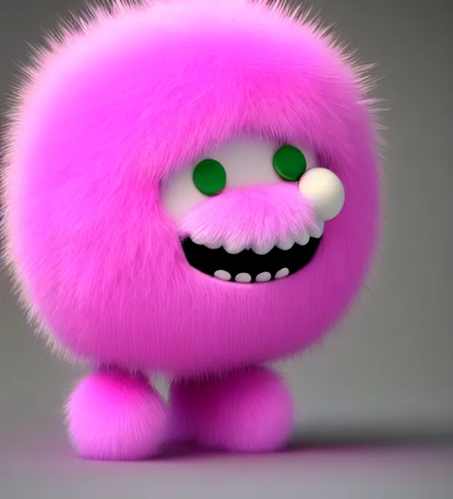 Image similar to high quality 3 d render hyperrealistic very cute big pink little spherical creature, happy, smile, plush mascot, short spiky dense fluffy smooth fur, isometric view, pink fluffy fur, 1 5 0 mm, beautiful natural soft light, rim light, smooth background, artstation, ultra detailed, elegant, ultra detailed, metallic armor, octane render